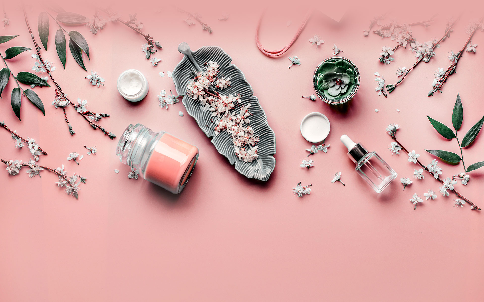 Artistic flat lay of skincare products and dried flowers on a pink background.