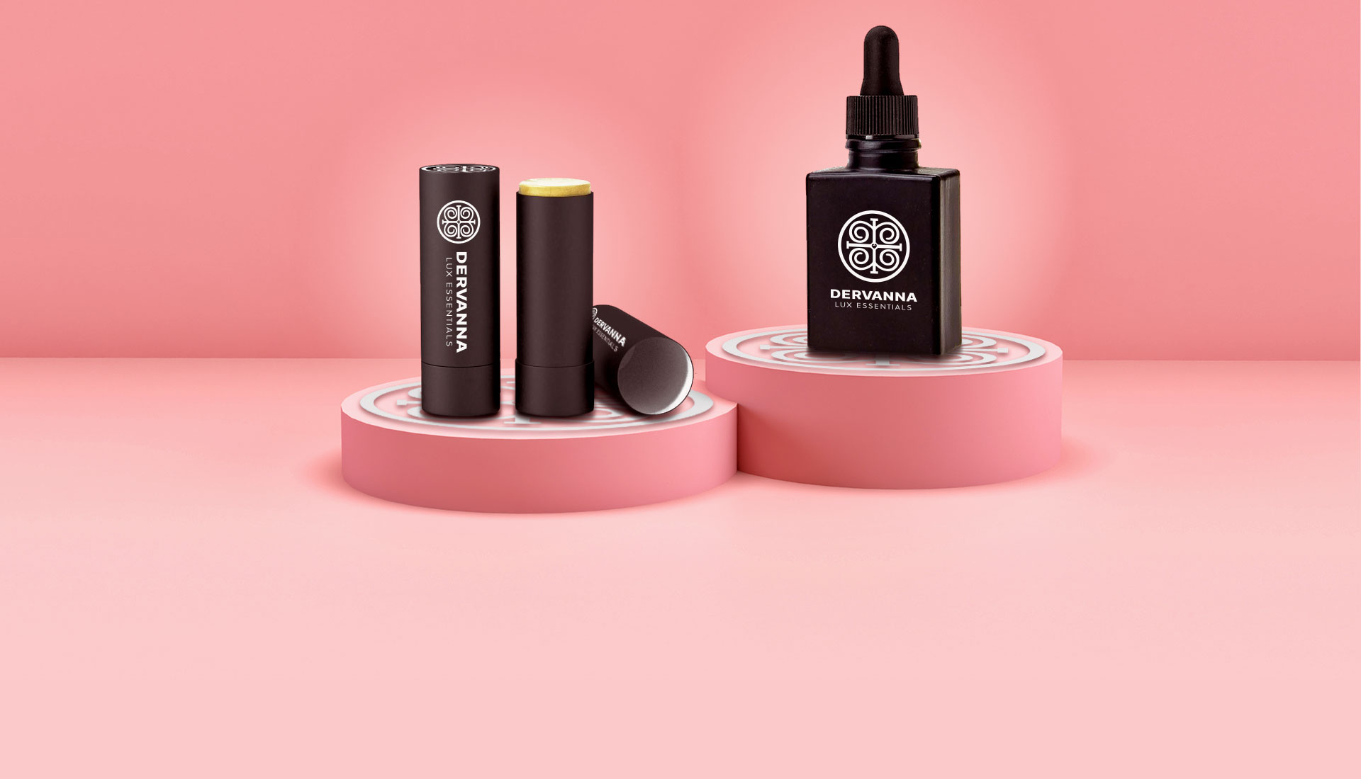 Black skincare products displayed on pink circular platforms against a pink background.
