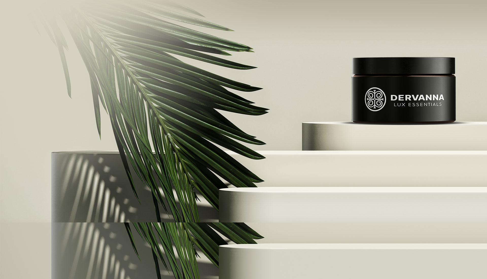 Minimalist skincare setup with a leafy plant and black jar on white steps.